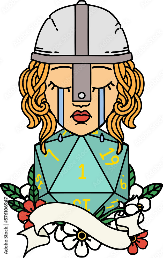 crying human fighter with natural one D20 roll illustration crying human fighter with natural one D20 roll illustration