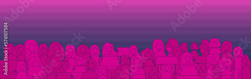 Woman protest and strike, demonstration and revolution concept. Silhouettes of crowd of people. Political protest in defense of women's rights. Vector neon colors illustration.  person can be edit