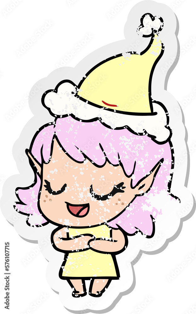 Fototapeta premium happy distressed sticker cartoon of a elf girl wearing santa hat