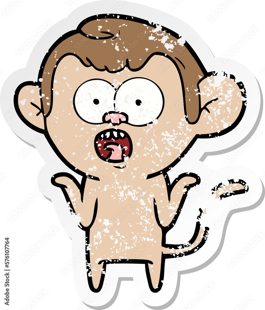 distressed sticker of a cartoon shocked monkey distressed sticker of a cartoon shocked monkey