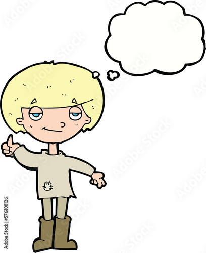 cartoon boy in poor clothing giving thumbs up symbol with thought bubble