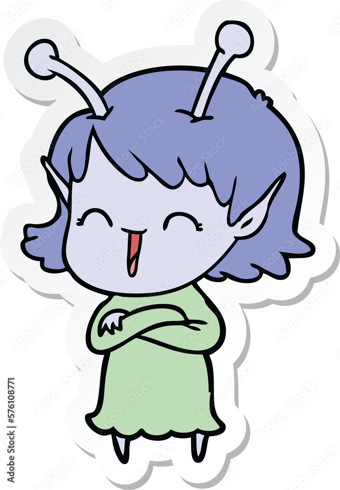 sticker of a cartoon alien girl laughing sticker of a cartoon alien girl laughing