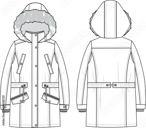 Unisex Fur Hooded Parka Jacket. Technical fashion illustration. Front and back, white color. Unisex CAD mock-up.