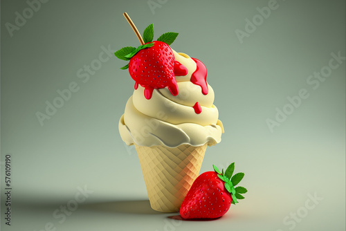 3d ice cream with strawberrz illustration, super photo realistic background, generative ai photo