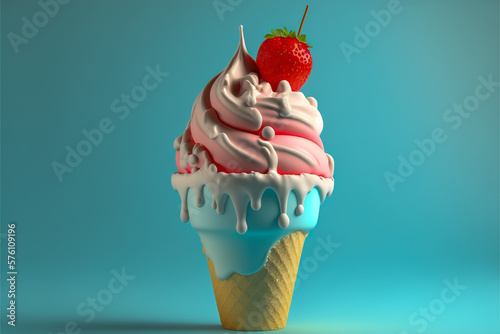 3d ice cream with strawberrz illustration, super photo realistic background, generative ai photo