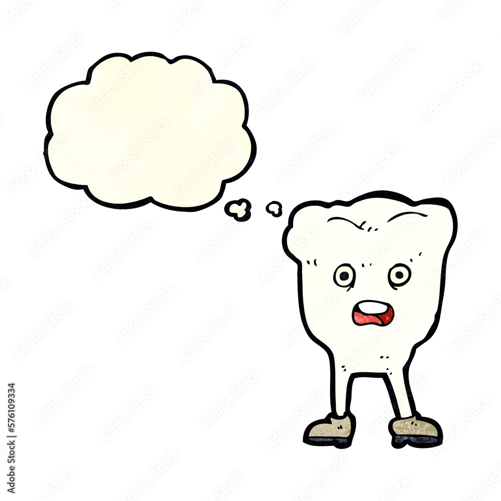 cartoon tooth looking afraid with thought bubble