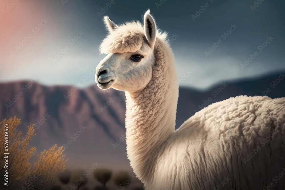 Obraz premium Alpaca has long neck nature background. Generative AI