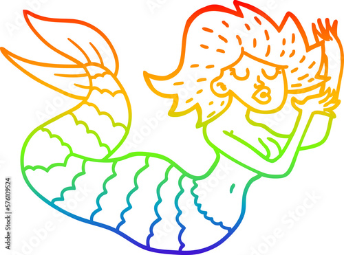 rainbow gradient line drawing cartoon woman mermaid