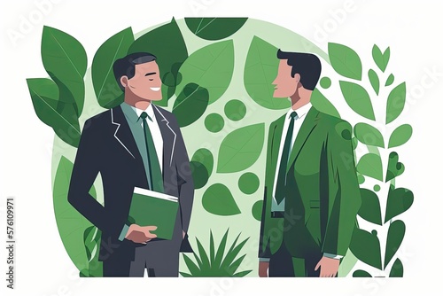co-owner of eco friendly businessman corporation in suit talking with client, created with generative ai