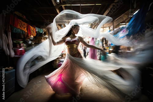 AI generated oriental dancer dancing belly dance on the street or market photo