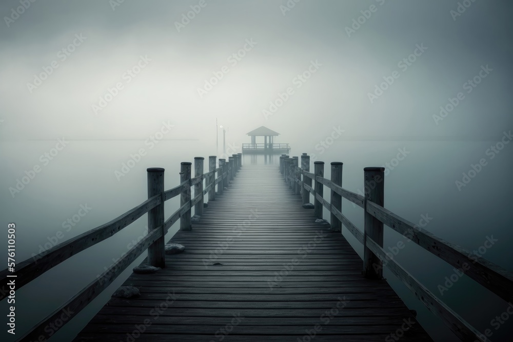 Fog on the lake with wooden pier. Generative AI