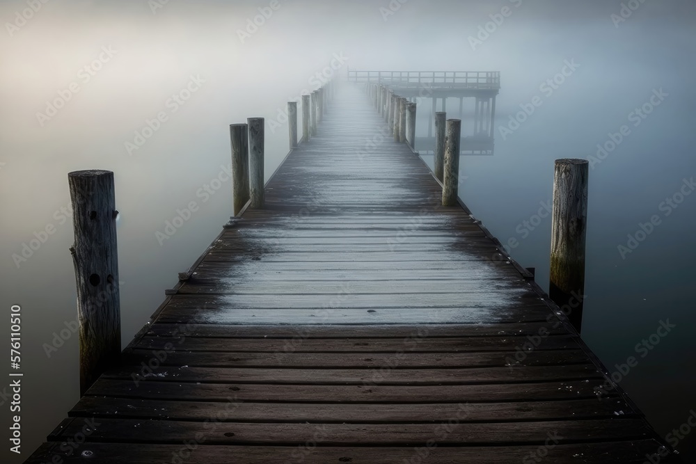 Fog on the lake with wooden pier. Generative AI
