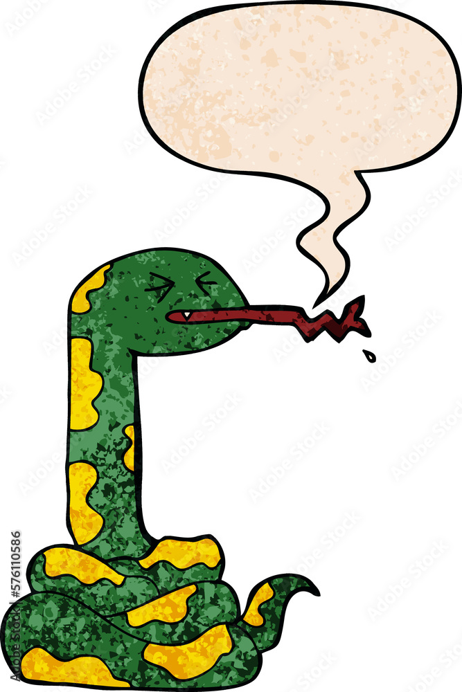 Naklejka premium cartoon hissing snake and speech bubble in retro texture style