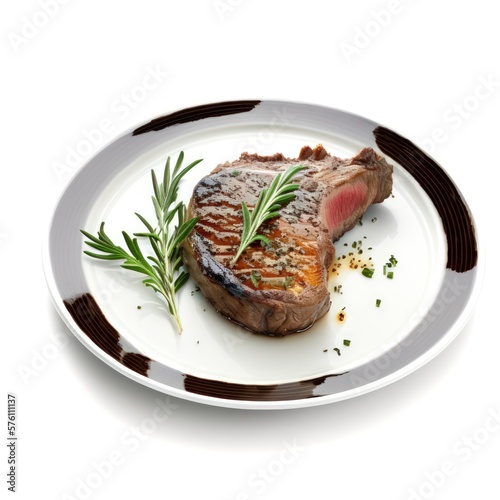 Tasty Delicious Juicy Ribeye Steak with rosemary and sauce on a Plate. Isolated on a white Background . Generative AI.