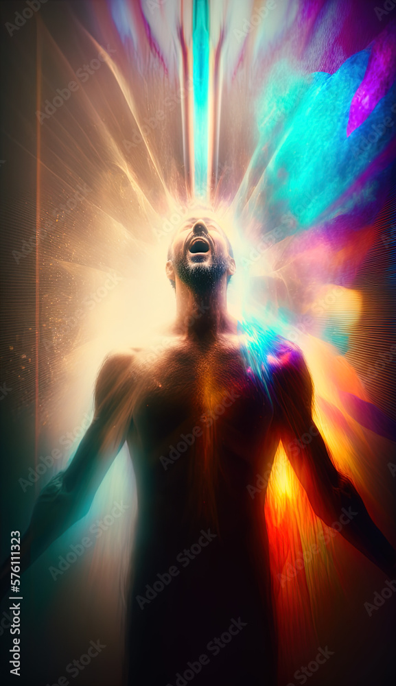 Abstract version of a spiritual belief with a man connecting to his higher self. Generative Ai. Abstract version of a spiritual belief with a man connecting to his higher self. Generative Ai.