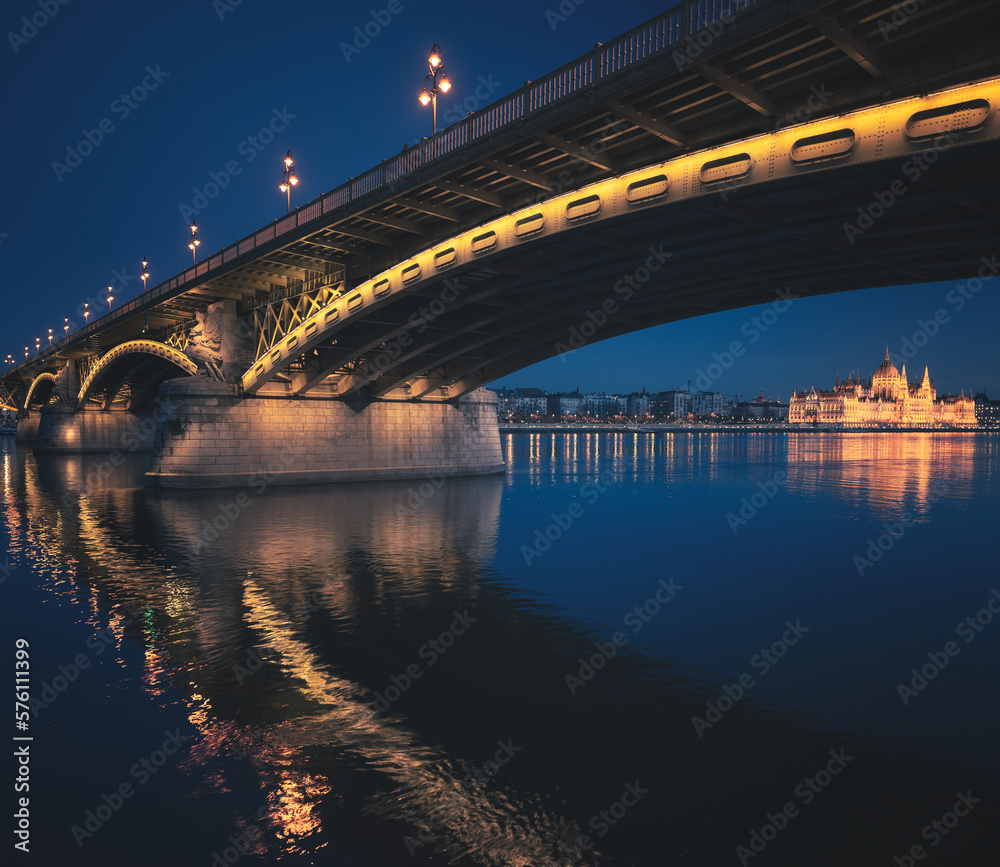 Famous Margaret Bridge in dusk in Budapest
