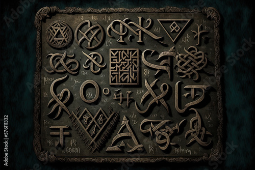 Runes, An ancient Germanic alphabet that is used for divination and magic. Mystic still life with stone runes. AI generative