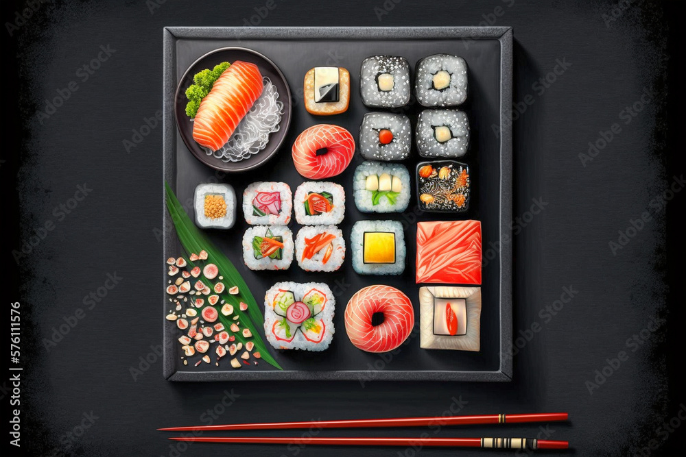 plate with japanese food sushi, super photo realistic background, generative ai