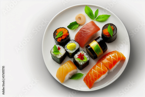 plate with japanese food sushi, super photo realistic background, generative ai