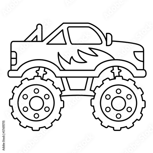 Monster Truck for Coloring Page, Outline Design for Kids Activity, Off Road Vehicle Vector Icon