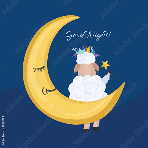 The cute sheep is sitting on the moon. Lettering good night
