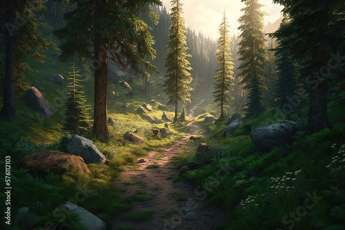 beautiful forest light grassy path, art illustration  © vvalentine