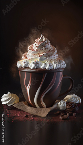 A cup of hot chocolate with cream. Generative AI. 