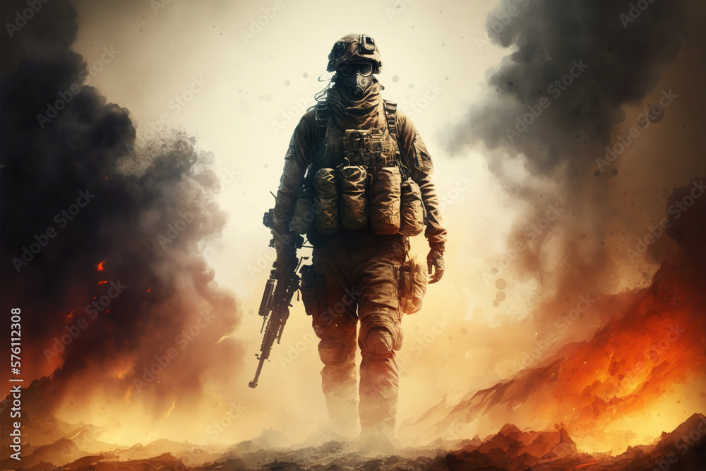 lone soldier in the midst of a war, standing a top of battlefield with ...
