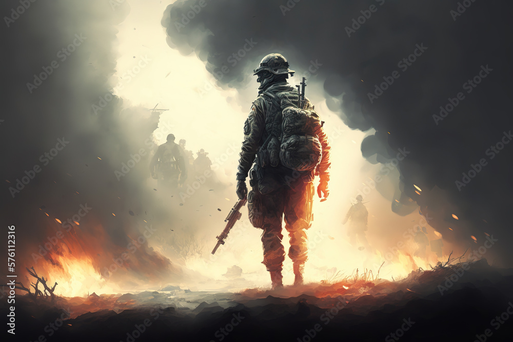 lone soldier in the midst of a war, standing a top of battlefield with a rifle in hand, surrounded by smoke and fire, ai art illustration 