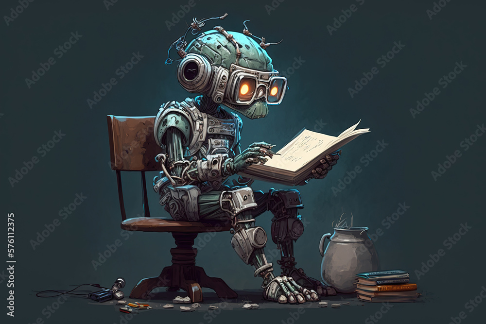 Fototapeta premium Robots Learning the Future, reading a book, ai art illustration 