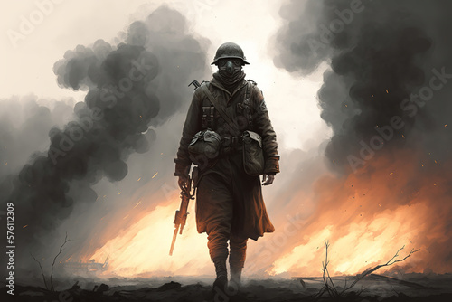 lone soldier in the midst of a war, standing a top of battlefield with a rifle in hand, surrounded by smoke and fire, ai art illustration 