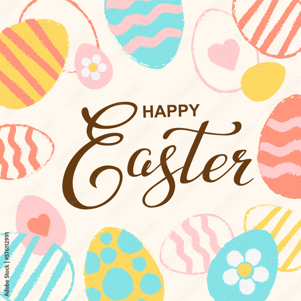 Vector hand drawn silhouette of Easter eggs and Happy easter lettering. Background with text message for banner, card