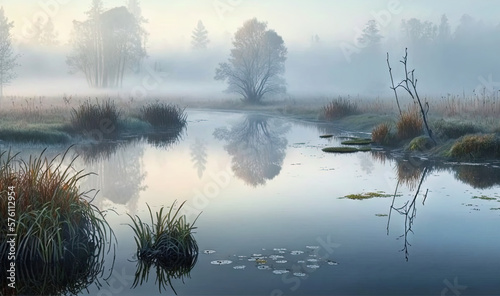 Fotografia a painting of a pond with water lillies and trees in the background