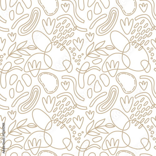 Vector seamless pattern. Abstract repetitive ornament for surface design, printing on paper and fabric. Handdrawn waves, shapes, circles, flowers, leaves, branches. Background for social media post.
