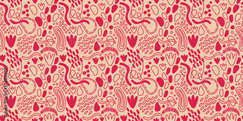Vector seamless pattern. Abstract repetitive ornament for surface design, printing on paper and fabric. Handdrawn waves, shapes, circles, flowers, leaves, branches. Background for social media post.
