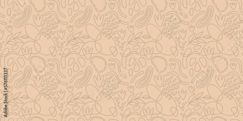 Vector seamless pattern. Abstract repetitive ornament for surface design, printing on paper and fabric. Handdrawn waves, shapes, circles, flowers, leaves, branches. Background for social media post.
