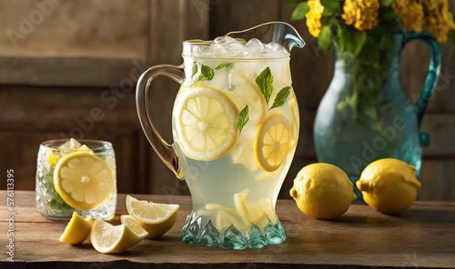  a pitcher of lemonade with lemons and mint on a table. generative ai