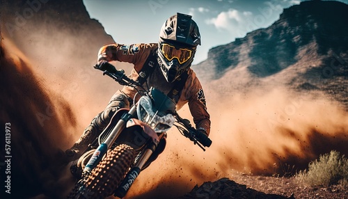 Close-up of mountain motocross race in dirt track in day time. Concept focus of during an acceleration in action sport Splashing sand by ai generative