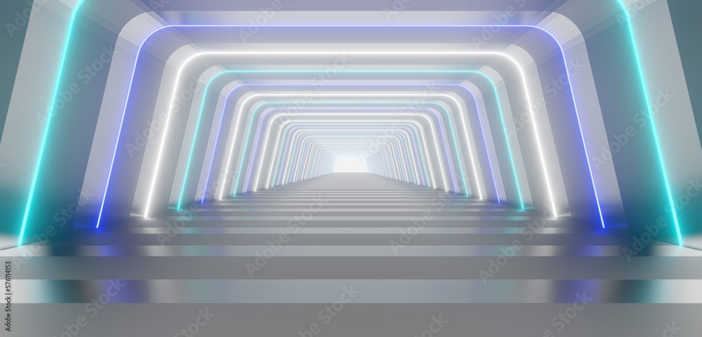 Obraz premium Futuristic interior background lamps glowing in gray tunnel 3d render