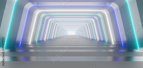 Fototapeta Naklejka Na Ścianę i Meble -  Futuristic interior background lamps glowing in gray tunnel 3d render