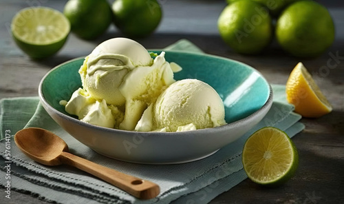  a bowl of ice cream with limes and a spoon. generative ai