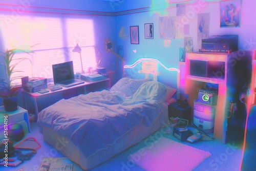 Bedroom messy bed lo-fi retro 80s and 90s background. Psychic Waves, nostalgia, vintage. Vaporwave, synthwave, chillwave. Wallpaper, template. Blurry pastel colors. Generative AI.