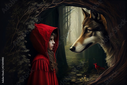 A Fairytale The Little Red Riding Hood, Fantasy, Epic, Tale, Vintage. Generative AI photo