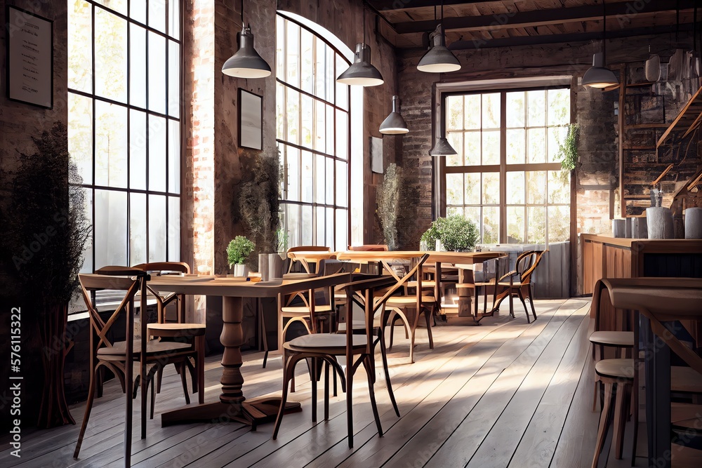 Interior Of Empty Loft Cafe With Large Wooden Dining Table And Chairs. Generative AI