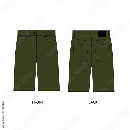 Five pocket denim shorts technical vector drawing, front and back view. Outline vector template of denim shorts in military style. Sketch of khaki knee-length loose shorts.