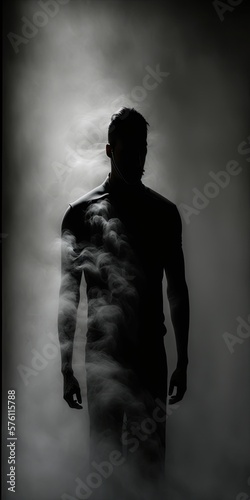 Minimalistic Blur Silhouette Portrait in Black Color Fog Background, Human Art Concept. Generative AI.