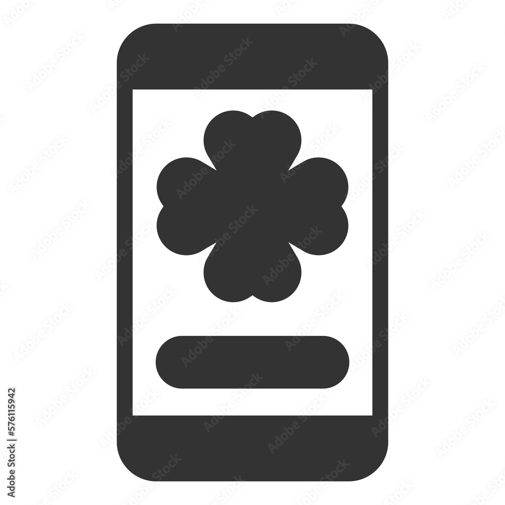 Clover leaf on smartphone screen - icon, illustration on white background, glyph style Clover leaf on smartphone screen - icon, illustration on white background, glyph style