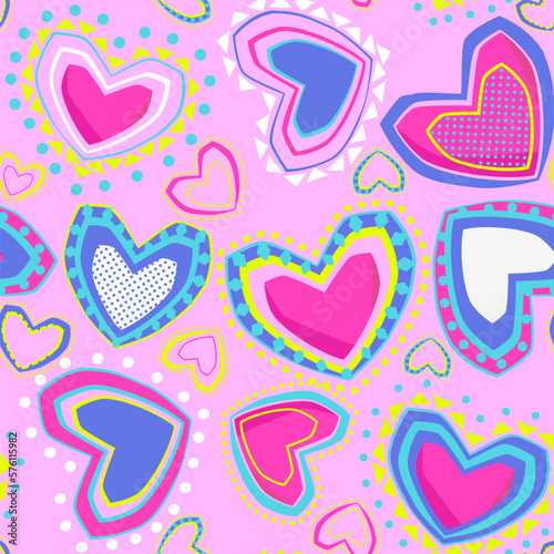 Abstract seamless pattern for girls. Creative vector background with colorful hearts, geometric elements and dots. Funny wallpaper for textile and fabric. Boho style.