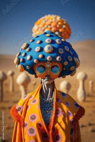 Psychedelic Mushroom DMT Alien Goddess in the Desert. Generative AI.
