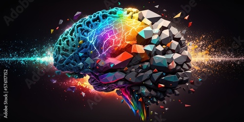 Brain Imagination concept, Exploding of colorful neon crystal pieces in shape of human brain, with glowing stars ang galaxies, with colorful rainbow light rays and flying geometric by ai generative